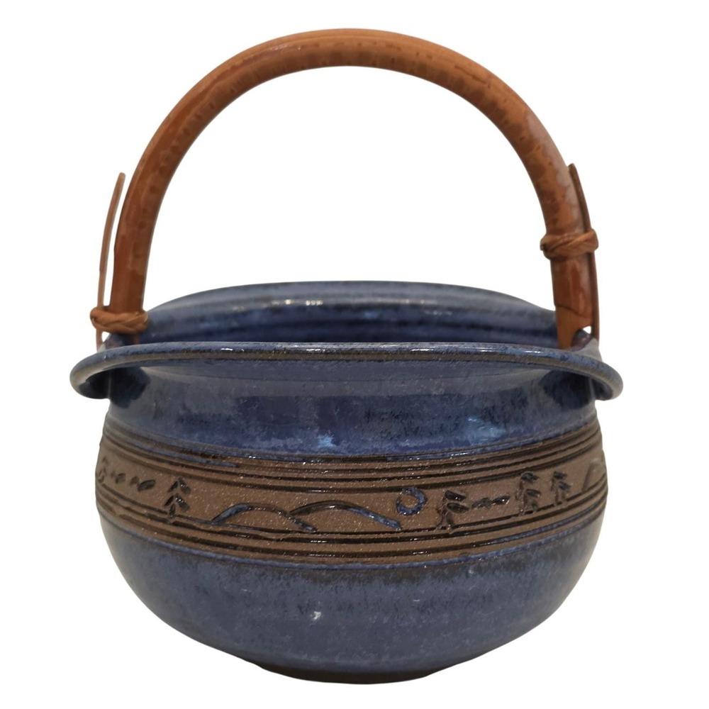 Groundhog Blue Studio Pottery Glazed Ceramic Bowl with Wood Handle Signed Basket